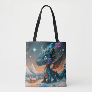 Mystical Chibi Dragon Winter Landscape Tote Bag