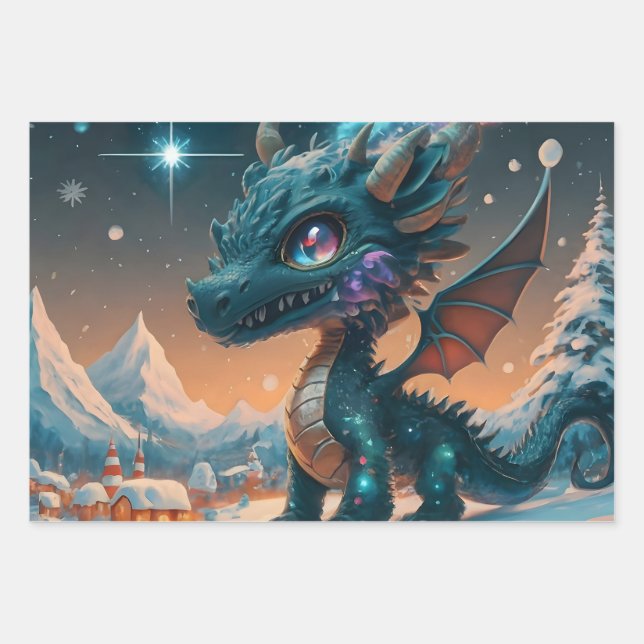 Mystical Chibi Dragon Winter Landscape  Wrapping Paper Sheets (Front)