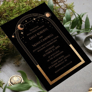 Mystical Chic Black Gold Star Moon Astronomy Space Invitation