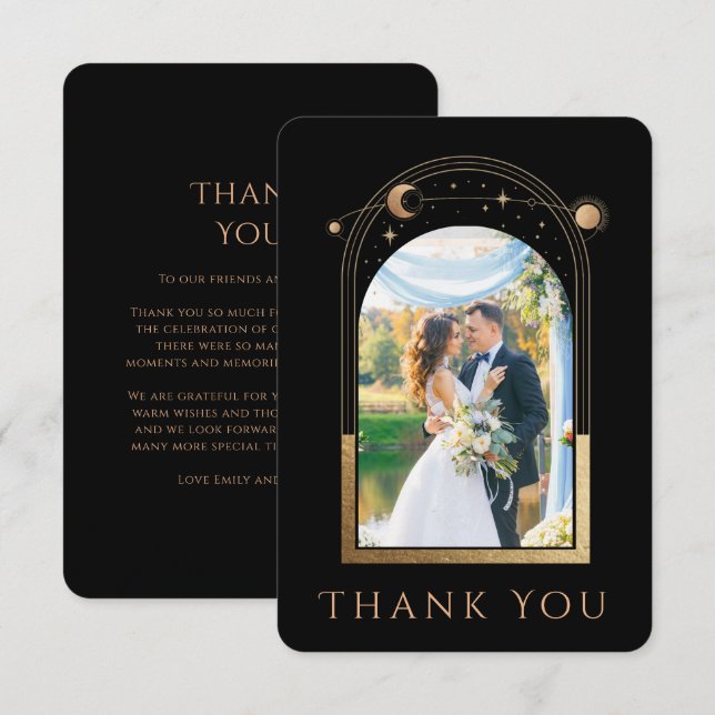 Mystical Chic Black Gold Star Moon Photo Wedding Thank You Card (Front/Back)
