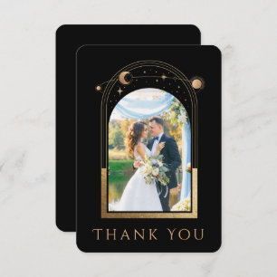 Mystical Chic Black Gold Star Moon Photo Wedding Thank You Card