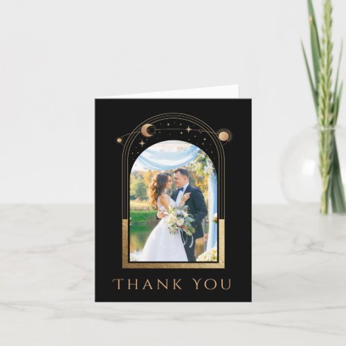 Mystical Chic Black Gold Star Moon Photo Wedding Thank You Card