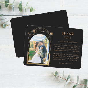 Mystical Chic Black Gold Star Moon Photo Wedding Thank You Card