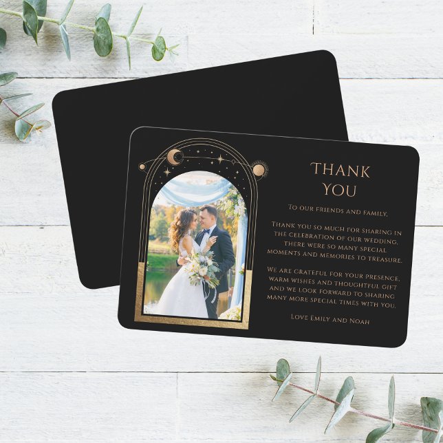 Mystical Chic Black Gold Star Moon Photo Wedding Thank You Card (Creator Uploaded)