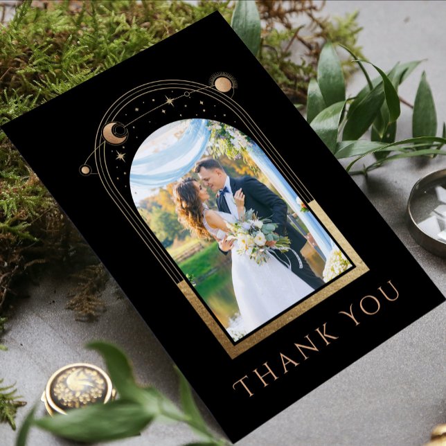 Mystical Chic Black Gold Star Moon Photo Wedding Thank You Card (Creator Uploaded)