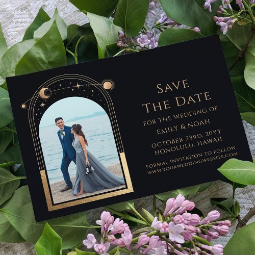 Mystical Chic Black Gold Sun Moon Star Space Save The Date