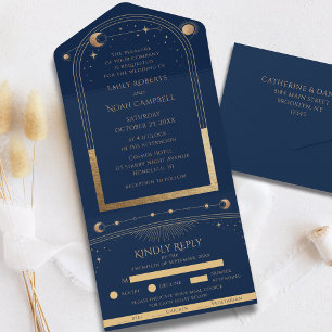 Mystical Chic Blue Gold Star Moon Astronomy Space All In One Invitation