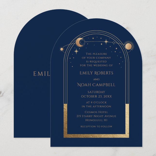 Mystical Chic Blue Gold Star Moon Astronomy Space Invitation (Front/Back)