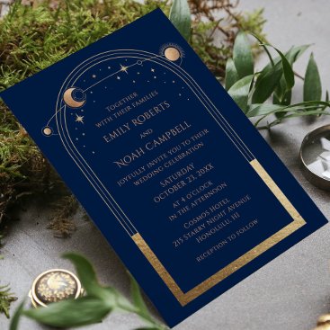 Mystical Chic Blue Gold Star Moon Astronomy Space Invitation