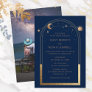 Mystical Chic Blue Gold Star Moon Photo Space Invitation