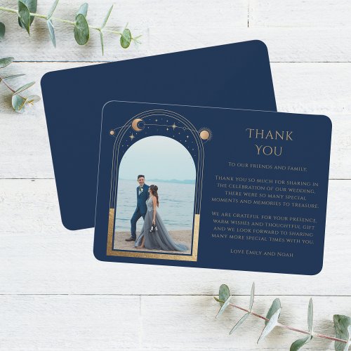 Mystical Chic Blue Gold Star Moon Photo Wedding Thank You Card