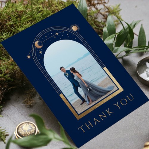 Mystical Chic Blue Gold Star Moon Photo Wedding Thank You Card