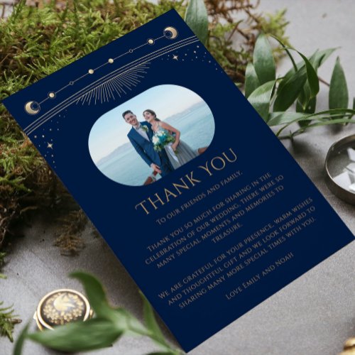 Mystical Chic Blue Gold Star Moon Photo Wedding Thank You Card