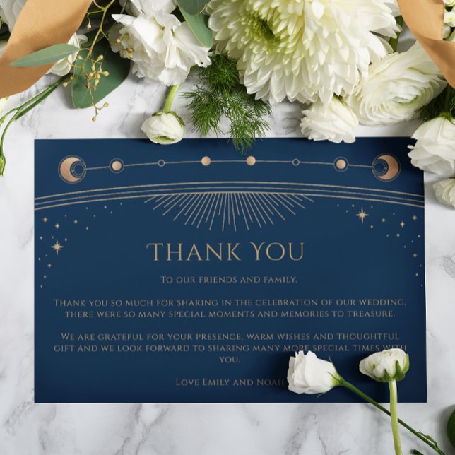 Mystical Chic Blue Gold Star Moon Photo Wedding Thank You Card (Creator Uploaded)