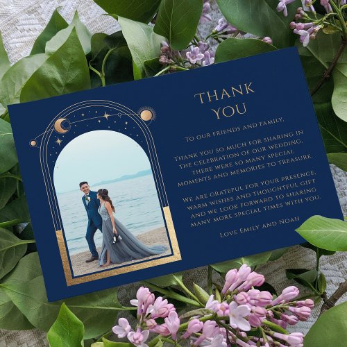 Mystical Chic Blue Gold Star Moon Photo Wedding Thank You Card