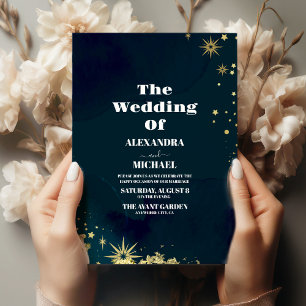 Mystical Chic Blue Gold Star Moon Wedding Invitation