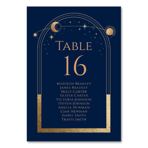 Mystical Chic Blue Gold Sun Moon Astronomy Wedding Table Number