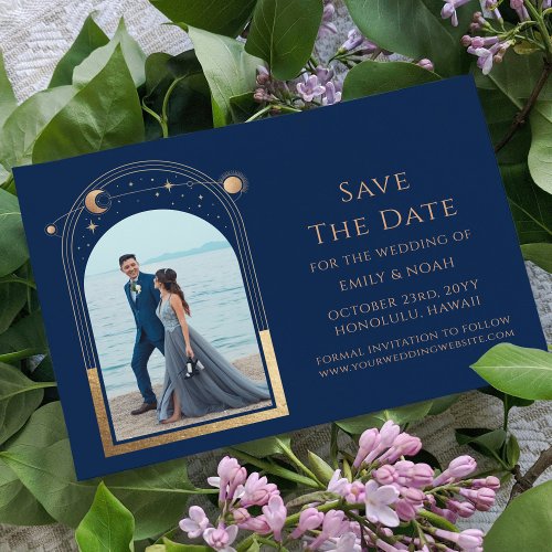 Mystical Chic Blue Gold Sun Moon Star Space Save The Date