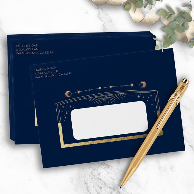 Mystical Chic Blue Gold Sun Moon Stars Wedding Envelope (Creator Uploaded)