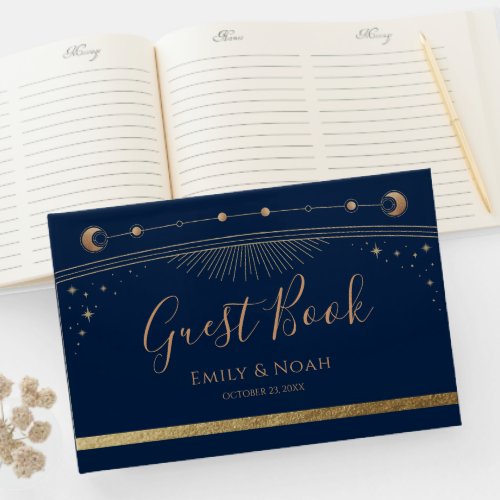 Mystical Chic Blue Gold Sun Moon Stars Wedding  Guest Book