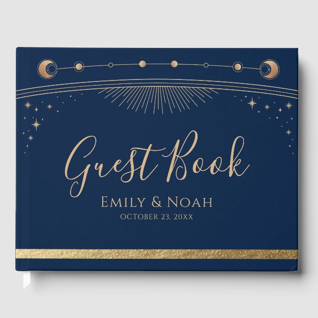 Mystical Chic Blue Gold Sun Moon Stars Wedding  Guest Book (Front)