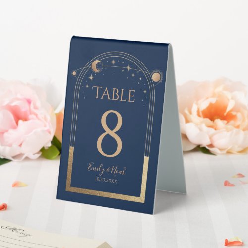 Mystical Chic Blue Gold Sun Moon Stars Wedding Table Tent Sign