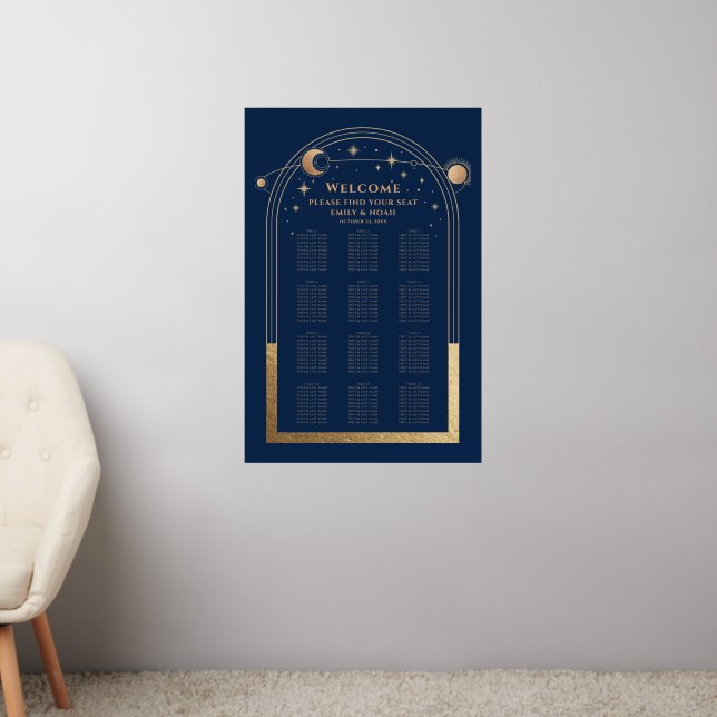Mystical Chic Blue Gold Sun Moon Stars Wedding Wall Decal (Living Room 2)