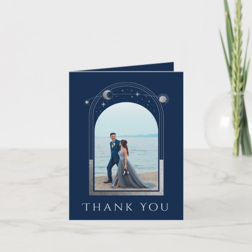 Mystical Chic Blue Silver Star Moon Photo Wedding Thank You Card