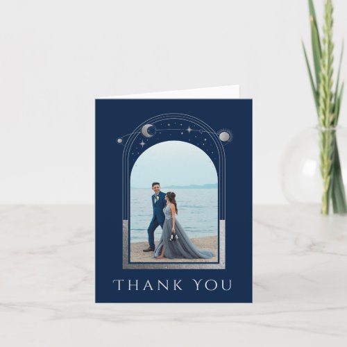 Mystical Chic Blue Silver Star Moon Photo Wedding Thank You Card