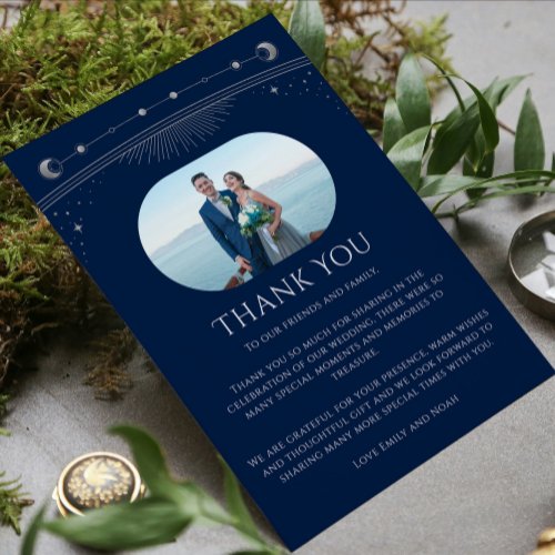 Mystical Chic Blue Silver Star Moon Photo Wedding Thank You Card