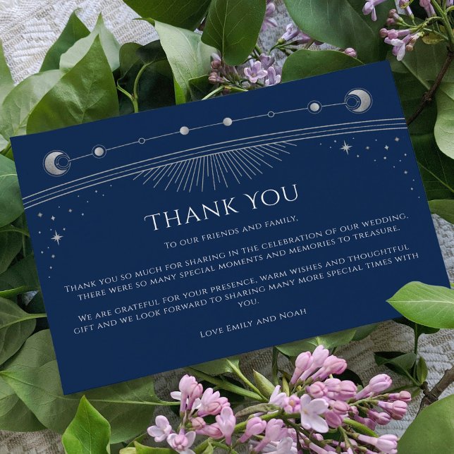 Mystical Chic Blue Silver Star Moon Photo Wedding  Thank You Card (Creator Uploaded)
