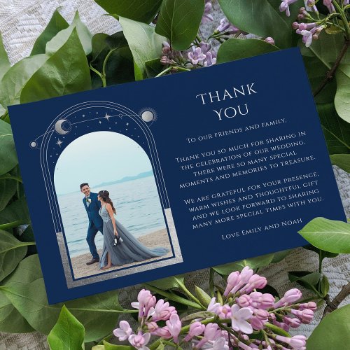 Mystical Chic Blue Silver Star Moon Photo Wedding Thank You Card