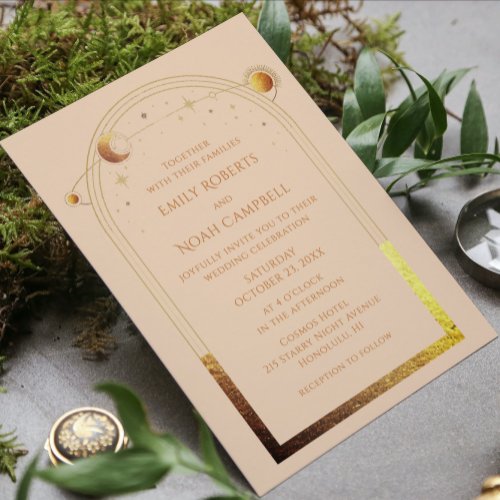 Mystical Chic Champagne Gold Star Moon Photo Space Invitation