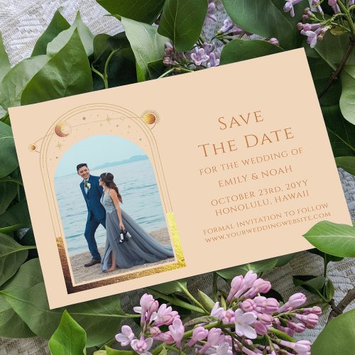 Mystical Chic Champagne Gold Star Moon Photo Space Save The Date