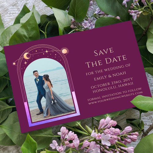 Mystical Chic Fuchsia Gold Star Moon Photo Space Save The Date