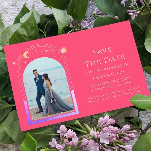 Mystical Chic Fuchsia Pink Star Moon Photo Space Save The Date