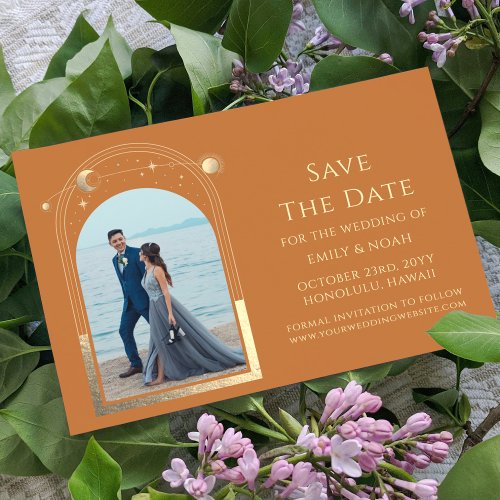 Mystical Chic Gold Star Moon Photo Space Save The Date