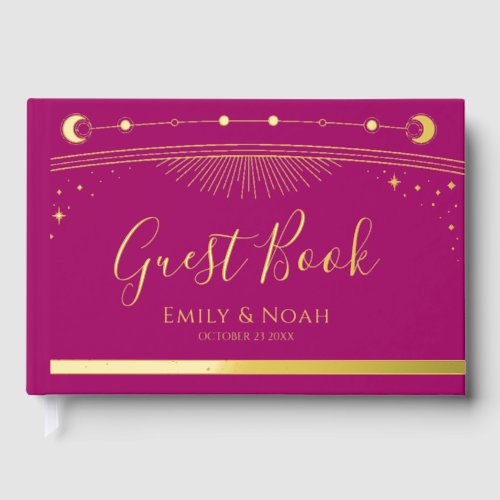 Mystical Chic Magenta Gold Sun Moon Stars Wedding Foil Guest Book