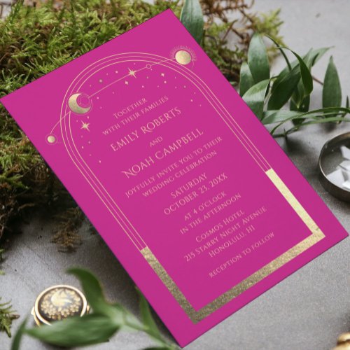 Mystical Chic Pink Gold Star Moon Photo Space Invitation