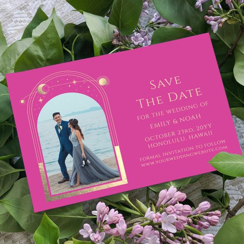 Mystical Chic Pink Gold Star Moon Photo Space Save The Date