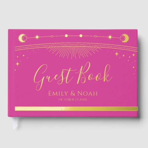 Mystical Chic Pink Gold Sun Moon Stars Wedding Foil Guest Book