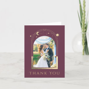 Mystical Chic Plum Gold Star Moon Photo Wedding Letterpress Thank You Card
