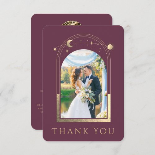 Mystical Chic Plum Gold Star Moon Photo Wedding Thank You Card