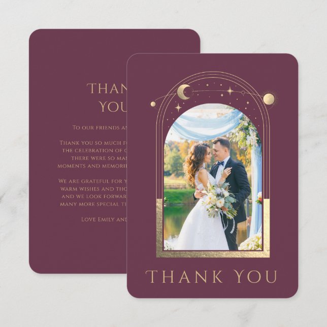 Mystical Chic Plum Gold Star Moon Photo Wedding Thank You Card (Front/Back)