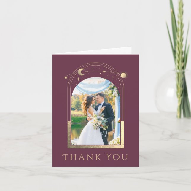 Mystical Chic Plum Gold Star Moon Photo Wedding Thank You Card (Front)