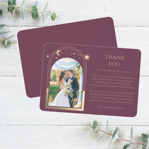 Mystical Chic Plum Gold Star Moon Photo Wedding Thank You Card