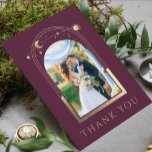 Mystical Chic Plum Gold Star Moon Photo Wedding Thank You Card<br><div class="desc">Mystical Chic Plum Gold Star Moon Celestial Space Photo Wedding Thank You Cards features the sun, moon and stars with a gold frame surrounding your favorite picture on a plum background. Add your custom thank you message to the inside of the card. Personalize by editing the text in the text...</div>