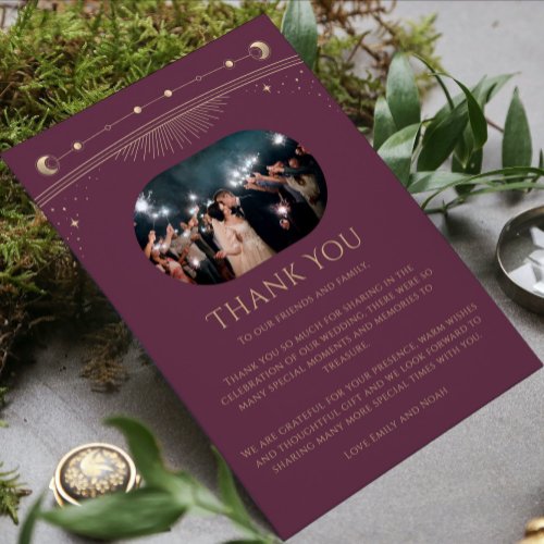 Mystical Chic Plum Gold Star Moon Photo Wedding Thank You Card