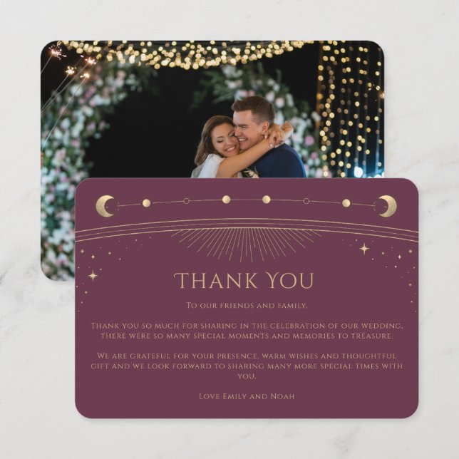 Mystical Chic Plum Gold Star Moon Photo Wedding Thank You Card (Front/Back)