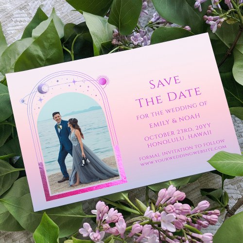 Mystical Chic Sunset Pink Star Moon Photo Space Save The Date